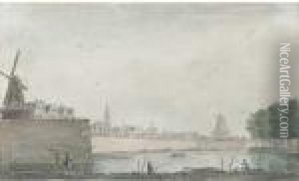 View Of The Raampoort, Amsterdam, With Figures Fishing On Abarrage Oil Painting - Theodor (Dirk) Verrijk
