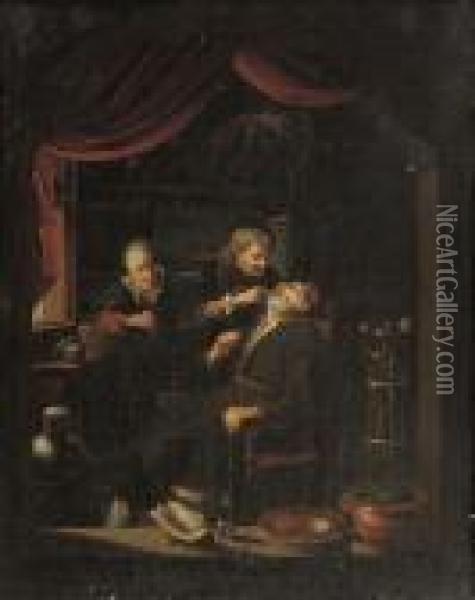 A Figure Having His Tooth Pulled In An Interior Oil Painting - Gerrit Dou
