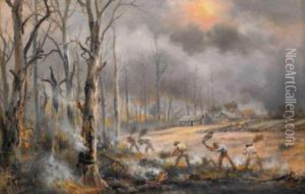 Fighting The Bushfire Oil Painting - James Alfred Turner