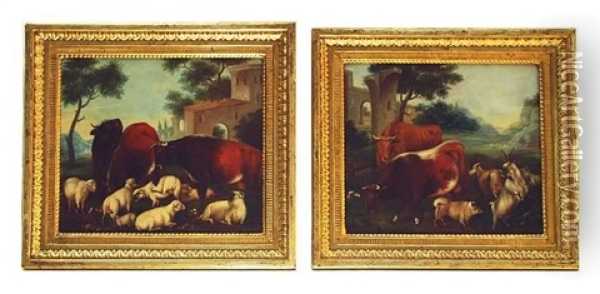 Gemaldepaar. Weidevieh In Italienischer Landschaft Oil Painting - Johann Seitz