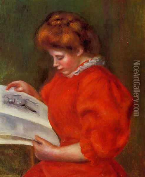 Young Woman Looking At A Print Oil Painting - Pierre Auguste Renoir