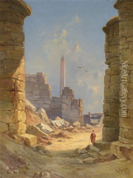 Personnage Au Milieu Des Ruines A Karnak Oil Painting - Georg Geyer