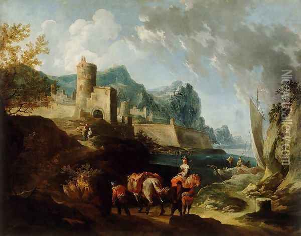 Seacoast with Travellers and a Town Oil Painting - Franz Ignaz Flurer