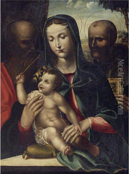 Madonna And Child With Saints Paul (?) And Bernardino Of Siena Oil Painting - Bartolomeo Neroni
