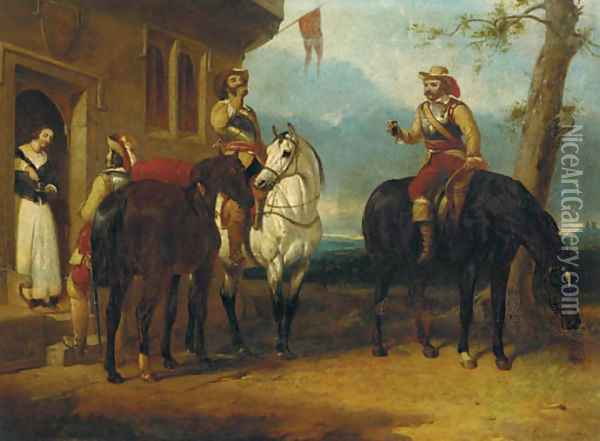 Two mounted cavaliers and another drinking ale outside an inn Oil Painting - Abraham Cooper