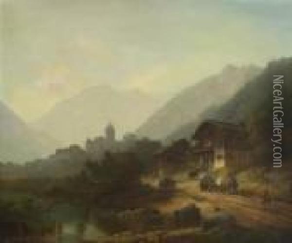Flusslandschaft Im
 Gebirge. Oil Painting - Anton Doll