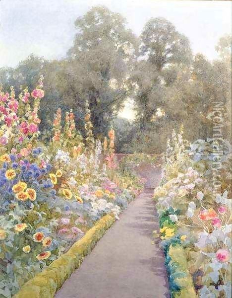 Garden Path with Hollyhocks and Poppies Oil Painting - Blanche Baker