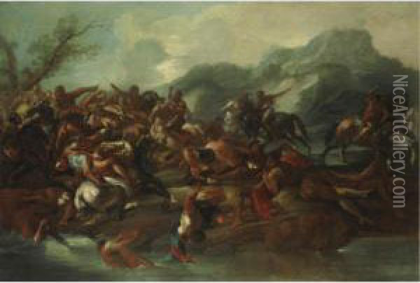 Scena Di Battaglia Lungo Un Fiume Oil Painting - Francesco Maria Raineri Il Schivenoglia
