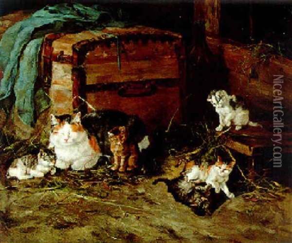 Katzenmutter Mit Ihren Funf Katzchen Im Stall Oil Painting - Julius Adam the Younger