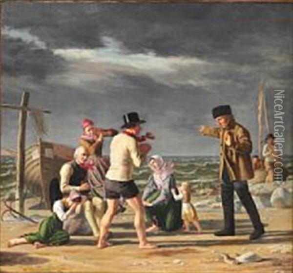 A Fisherman Returning Brings News About His Friend's Wreck Oil Painting - Julius Friedlaender