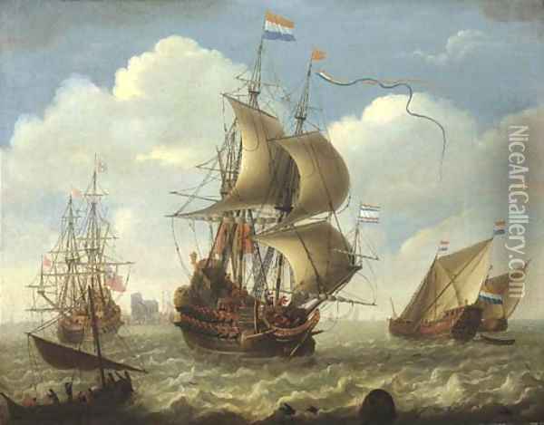 English and Dutch men-o'-war on the river Merwede, Dordrecht beyond Oil Painting - Hieronymus Van Diest