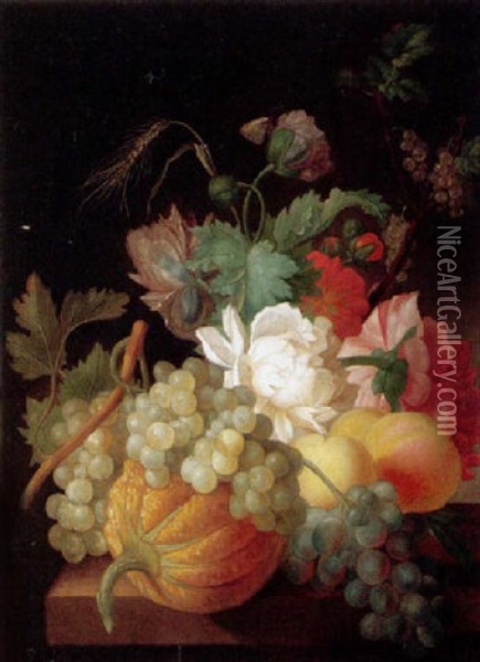 Still Life Of Grapes, Peaches And A Melon, Together With Popies, Carnations And An Ear Of Wheat, Upon A Stone Ledge Oil Painting - Pieter Faes