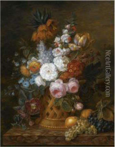 Still Life Of Roses, Lilacs, Imperial Crown, Auriculas, A Parrot Tulip And Other Flowers In A Basket, With Peaches And Blue And White Grapes, Set On A Marble Ledge Oil Painting - Cornelis van Spaendonck