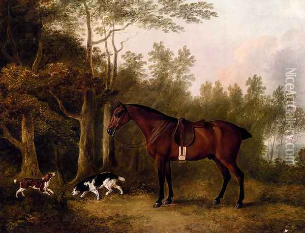 A Bay Hunter And Two Spaniels In A Landscape Oil Painting - John Boultbee