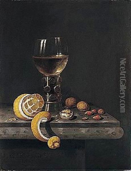 A Still Life Of A Roemer, Peeled Lemon, Walnuts And Hazelnuts Upon A Stone Ledge Oil Painting - Edwart Collier