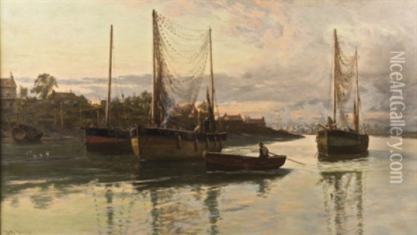 Evening Ferry Point On The Yare Oil Painting - Thomas Rose Miles