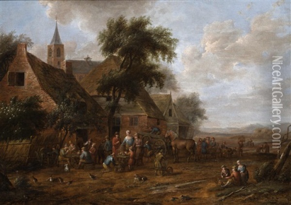 Women Selling Ducks And Poultry Near A Group Of Houses Oil Painting - Thomas Heeremans