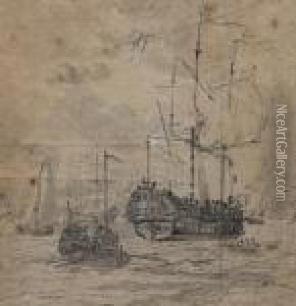 Dutch Fleet At Sea With Officers Disembarking In A Barge Oil Painting - Willem van de, the Elder Velde