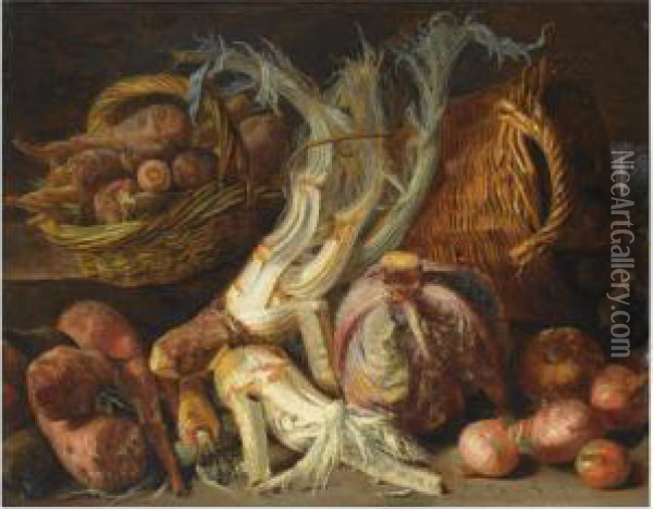 A Still Life With Onions, 
Cabbages, Carrots And Other Vegetables In Two Reed Baskets, All On A 
Floor Oil Painting - Pieter Snyers