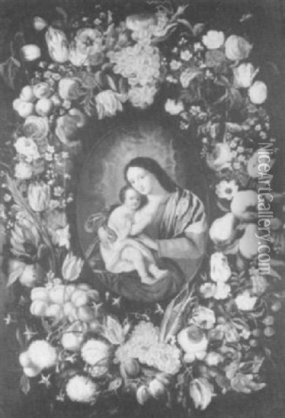 The Madonna And Child Surrounded By                         A Garland Of Flowers And Fruit Oil Painting - Daniel Seghers