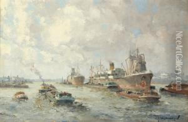 Activity In The Harbour Of Rotterdam Oil Painting - Gerardus Johannes Delfgaauw