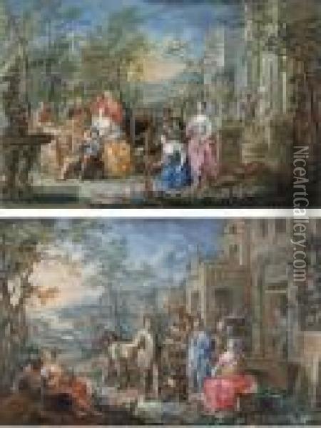 A Company Making Music In The 
Grounds Of A Country Villa; And Afamily Outside Their Villa With An 
Extensive River Landscapebeyond Oil Painting - Johann Georg Platzer