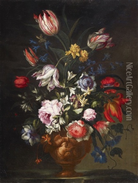 Flowers In An Antiquelike Relief Vase Oil Painting - Francesco Mantovano