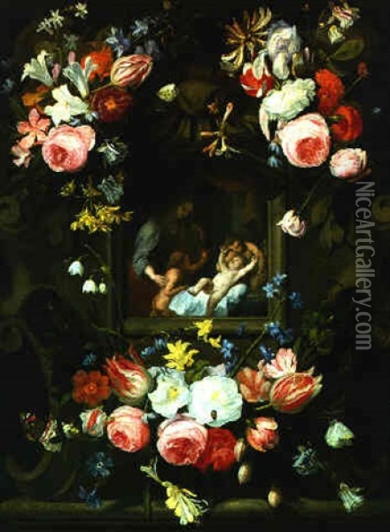 Bouquets De Fleurs Entourant Un Cartouche Representant La Vierge, L'enfant Jesus Et Des Anges Oil Painting - Jan Van Balen