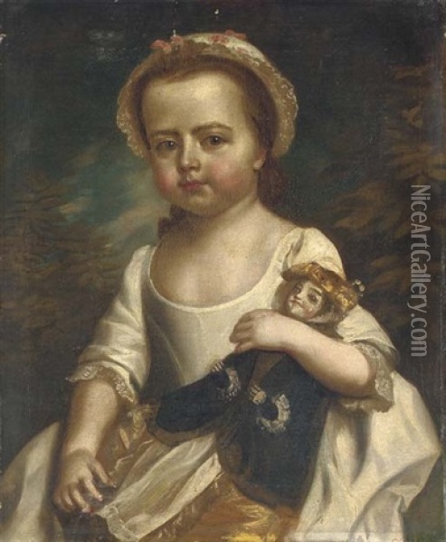 Portrait Of A Young Girl In A White Dress And Lace Cap, Holding A Doll Oil Painting - Philip Mercier