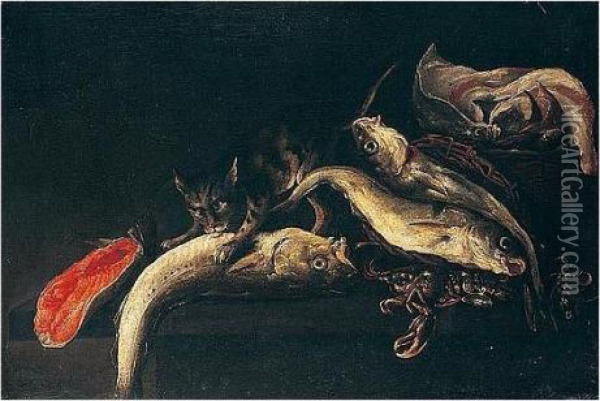 Still Life Of Salt Water Fish And Lobster On A Table Top, Guarded By A Cat Oil Painting - Jacobes Vonck