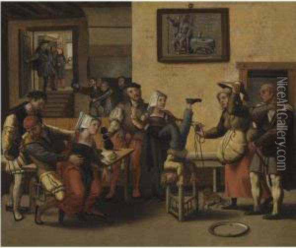 An Interior With An Acrobat, Figures Drinking And Making Musictogether With Children Playing Oil Painting - The Brunswick Monogrammist