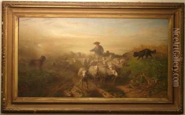 Shepherd And Sheep Dogs Tending Flock Oil Painting - August Friedrich Albrecht Schenck