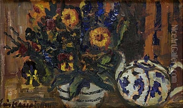 Stilleben Med Blommor Och Tekanna Oil Painting - Eric C. Hallstroem