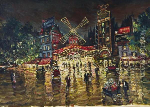 Darstellung Des Pariser Moulin Rouge In Abendlicher Beleuchtung. Oil Painting - Konstantin Alexeievitch Korovin