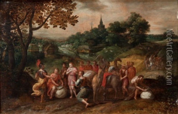 Joseph's Brothers On Their Way To Buy Grain In Egypt In A Wooded Landscape Oil Painting - Hans Jordaens III