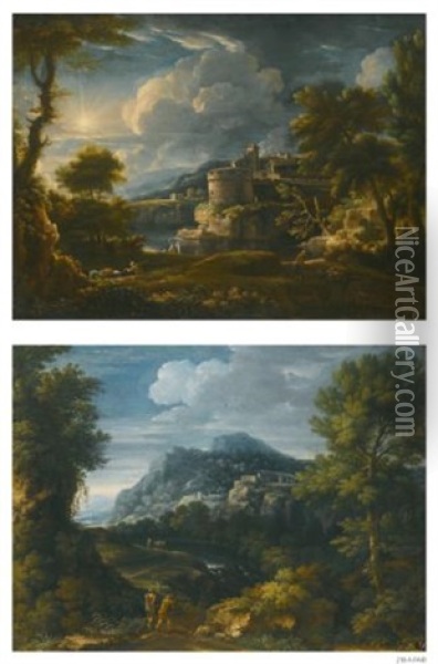 A Classical Landscape With Travellers And A Hilltop Town Beyond; A Classical Landscape With A River And A Cylindrical Tower Beyond (pair) Oil Painting - Giovanni Battista Busiri