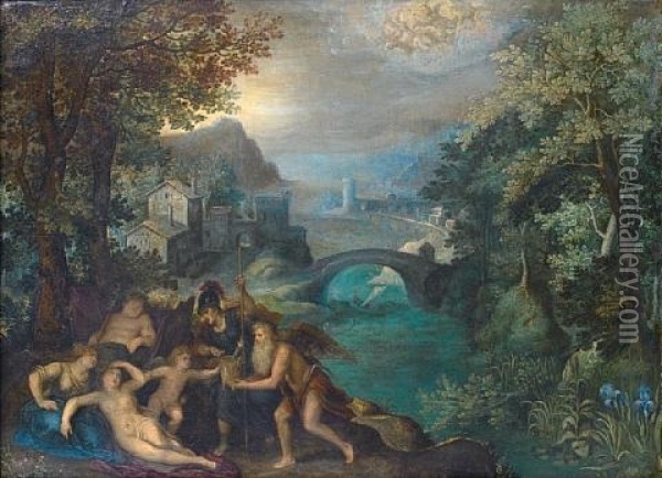 Chronus And Minerva Offering Gifts To Venus, With Bacchus And Ceres Before An Open Landscape Oil Painting - Gillis Van Coninxloo III