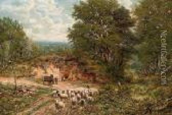 A Shepherd And His Flock On A Country Road Oil Painting - George William Mote