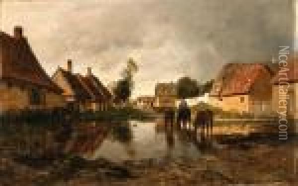 Horses Watering In A Country Village Oil Painting - Eugene Jettel
