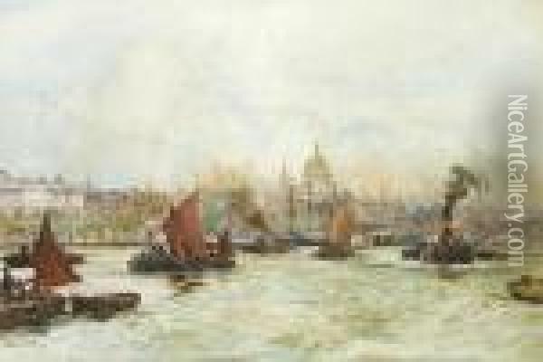 Barges, Tugs And Lighters Making
 The Most Of The Full Tide Above Blackfriars Bridge With St. Pauls 
Cathedral On The Skyline Beyond Oil Painting - Charles Edward Dixon