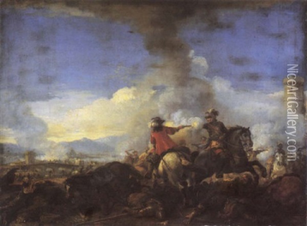 A Cavalry Engagement Before A Fortified Town Oil Painting - Jacques Courtois