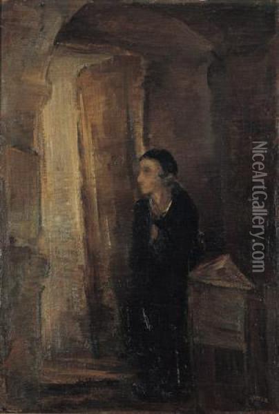 Interior, Synagogue With A Young Boy Oil Painting - Joseph Budko