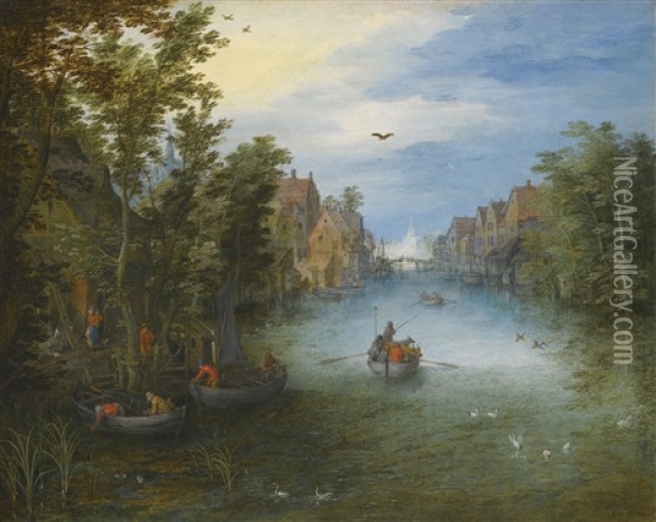 A River Running Through A Small Town, With A Cattle Ferry On The Water And Rowing Boats Setting Off From The Left Bank Oil Painting - Jan Brueghel the Elder