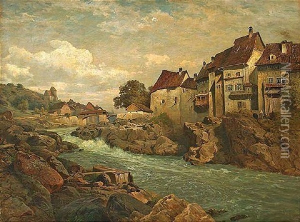 Blick Auf Laufenburg Am Rhein Mit Den Stromschnellen Oil Painting - Eduard Tenner