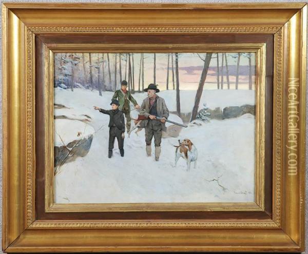 Three Hunters, Dog, In Winter Woodland Scene Oil Painting - Paul Edmund Graf