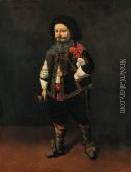 Portrait Of A Dwarf, 
Full-length, In A Gold-embroidered Black Coatwith Slashed Sleeves, Black
 Breeches, And A White Shirt Oil Painting - Carlo Ceresa