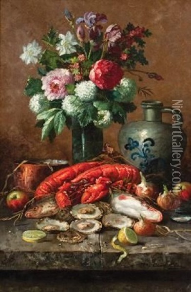 Still Life With Crayfish And Oysters Oil Painting - Modeste (Max) Carlier