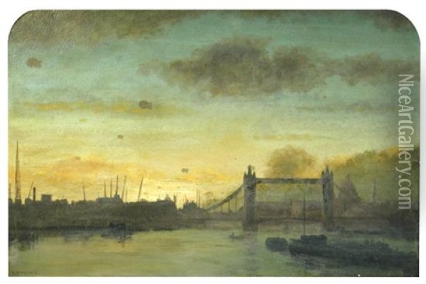 Barrage Balloons Over Tower Bridge, London; And Fire Boat No. 1 With Firemen In A Barge, Going Towards The Albert Bridge And Battersea Power Station, London Oil Painting - Wilfred Stanley Haines