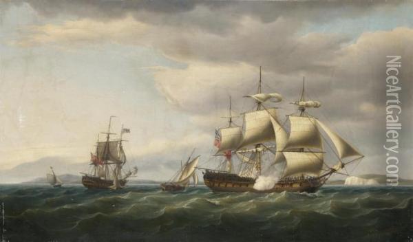 The East Indiaman Rodney In Two 
Positions Off The English Coast,firing A Salute To Mark Her Safe Return 
From Bengal In August,1788 Oil Painting - Thomas Whitcombe
