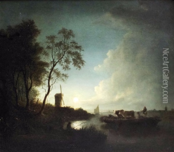 Moonlight River Landscape With Figures And Cattle On A Ferry And Windmill Oil Painting - Edward Williams